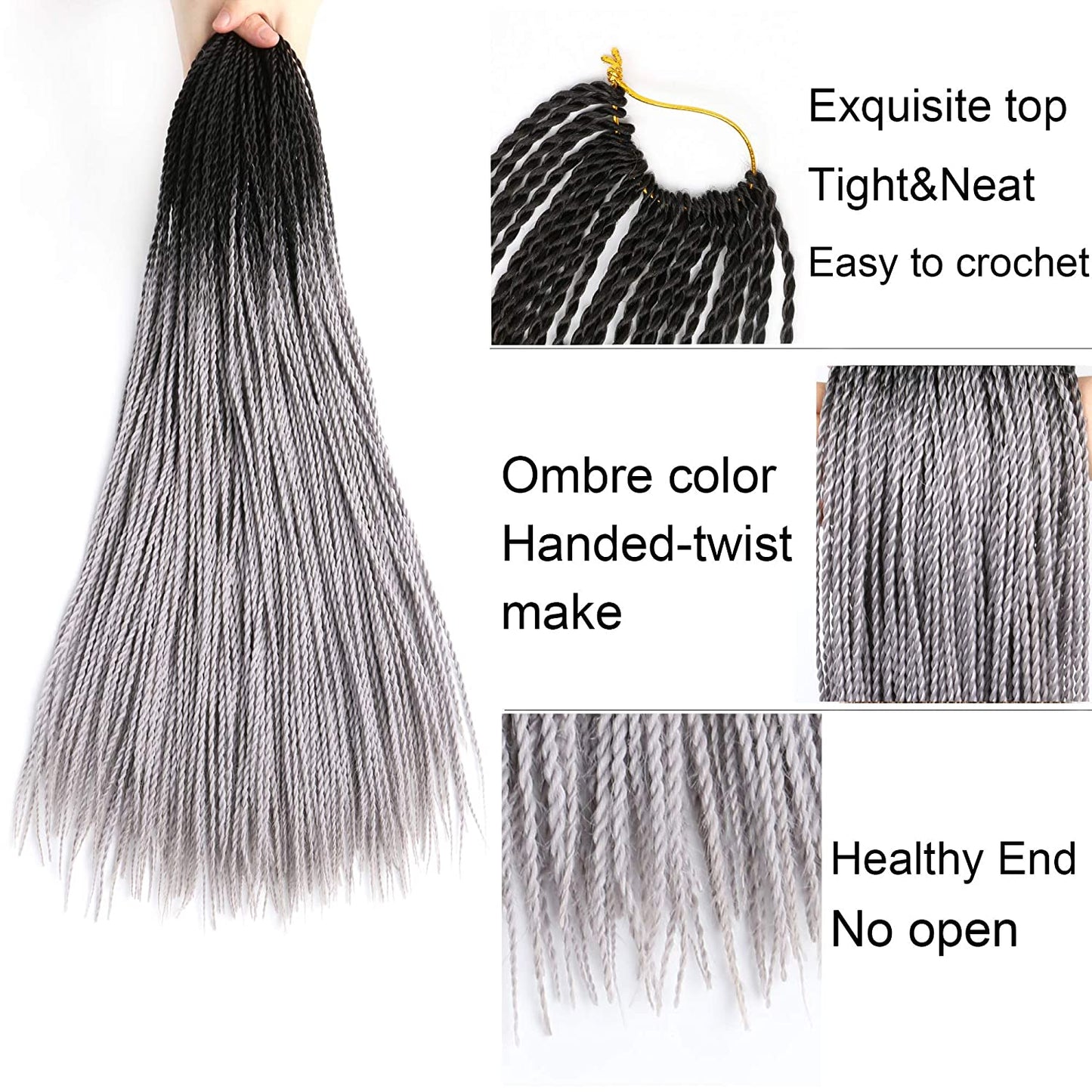 VCKOVCKO Ombre Synthetic Crochet Twist Braiding Hair,30 Roots/Bundles,6 Bundles/Lot,24"(Black-Gray)