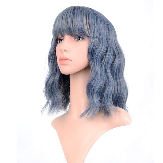 VCKOVCKO Natural Wavy Wig With Air Bangs 12"(Mix Blue)