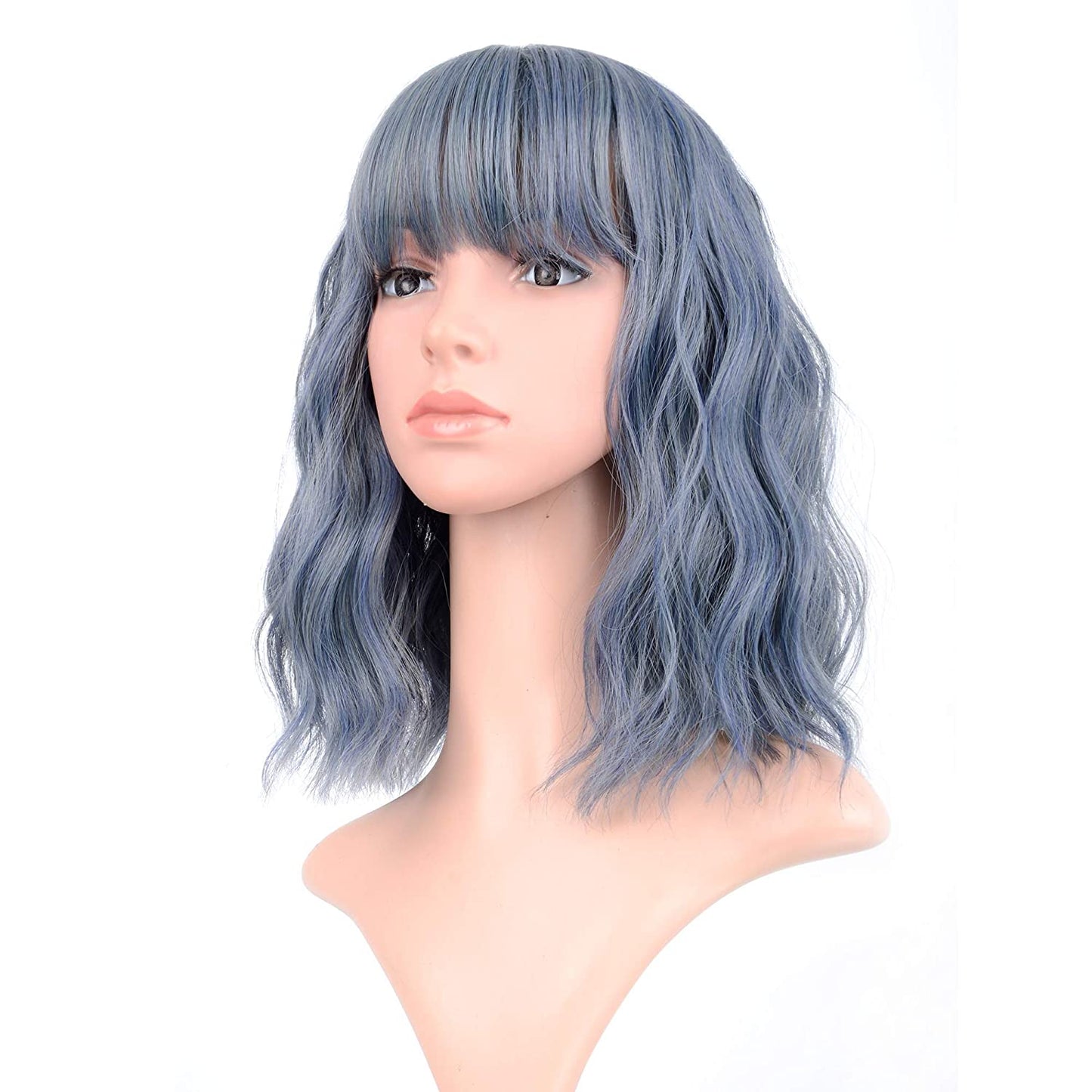 VCKOVCKO Natural Wavy Wig With Air Bangs 12"(Dark Blue)