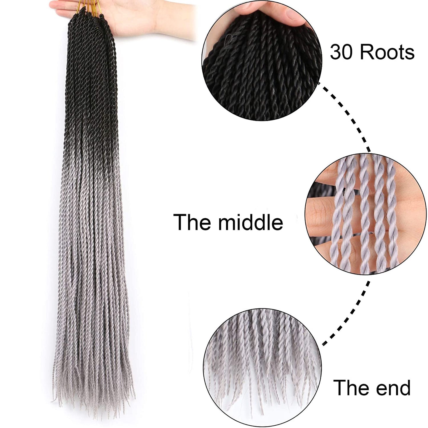 VCKOVCKO Ombre Synthetic Crochet Twist Braiding Hair,30 Roots/Bundles,6 Bundles/Lot,24"(Black-Gray)