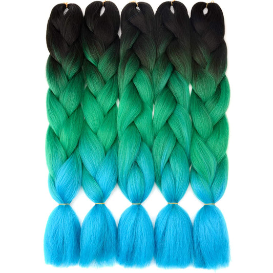 VCKOVCKO 100% Ombre Jumbo Braiding Hair Synthetic Fiber Extensions 24",5 Bundles/Lot(Black-Green-Blue)