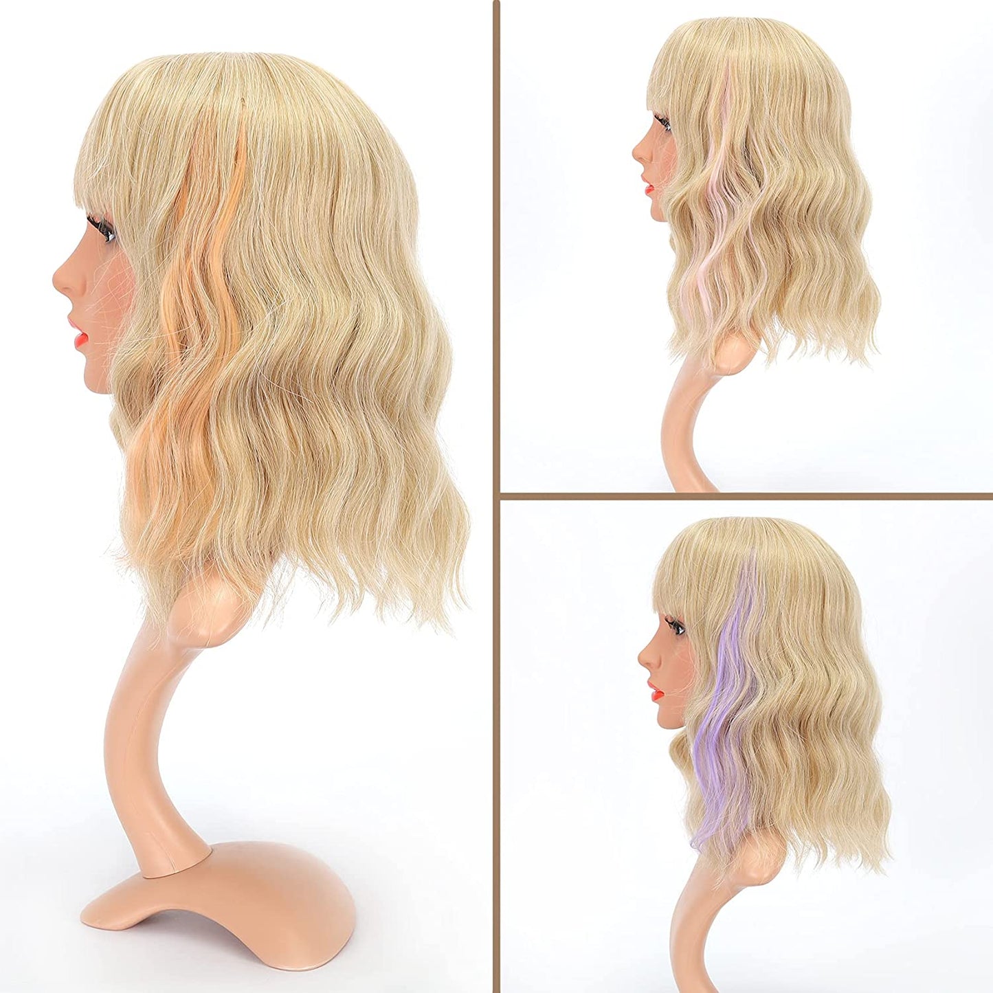 VCKOVCKO Natural Wavy Wig Plus 3 Pcs Colorful Clip in Hair Extentions 12"(Mix Blonde)