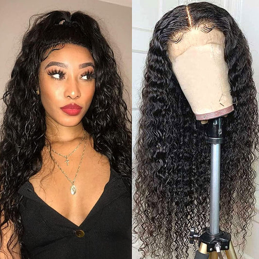 TELLBEEN Water Wave 4x4 Lace Front Wigs 100% Virgin Human Hair Wigs 150% Density