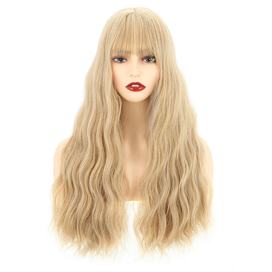 VCKOVCKO Long Loose Curly Wavy Wig With Air Bangs(26",Blonde)