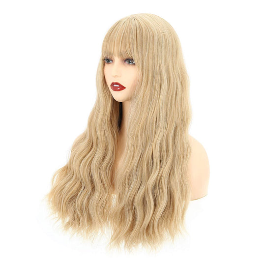 VCKOVCKO Long Loose Curly Wavy Wig With Air Bangs(26",Blonde)