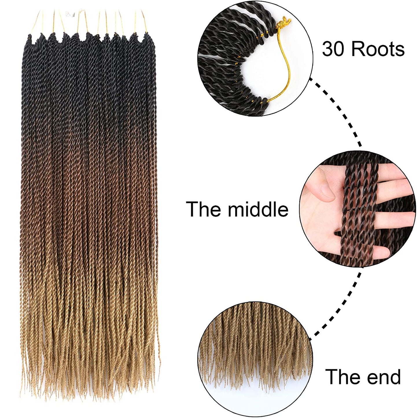 VCKOVCKO Ombre Synthetic Crochet Twist Braiding Hair,30 Roots/Bundles,6 Bundles/Lot,24"( Black-Brown-Light Brown)