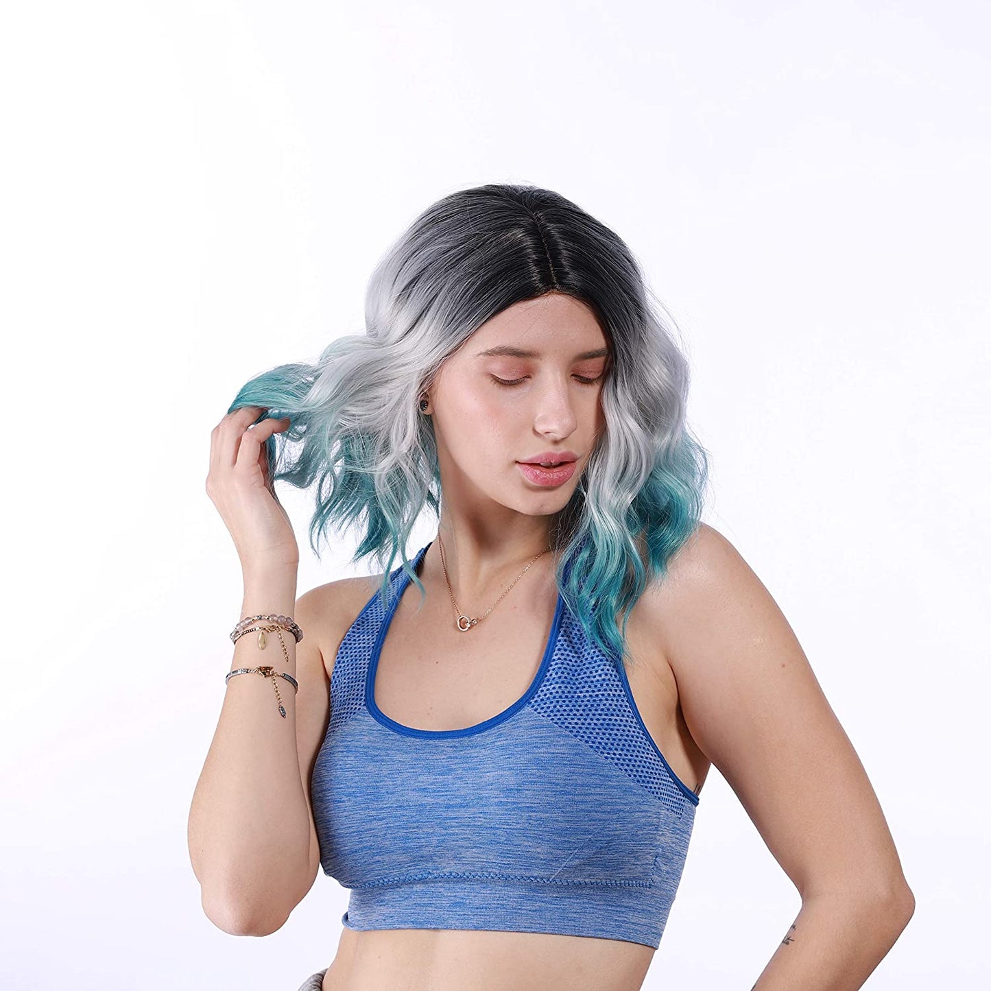 VCKOVCKO Natural Wavy Wig With Air Bangs 12"(Black-Silver-Green)