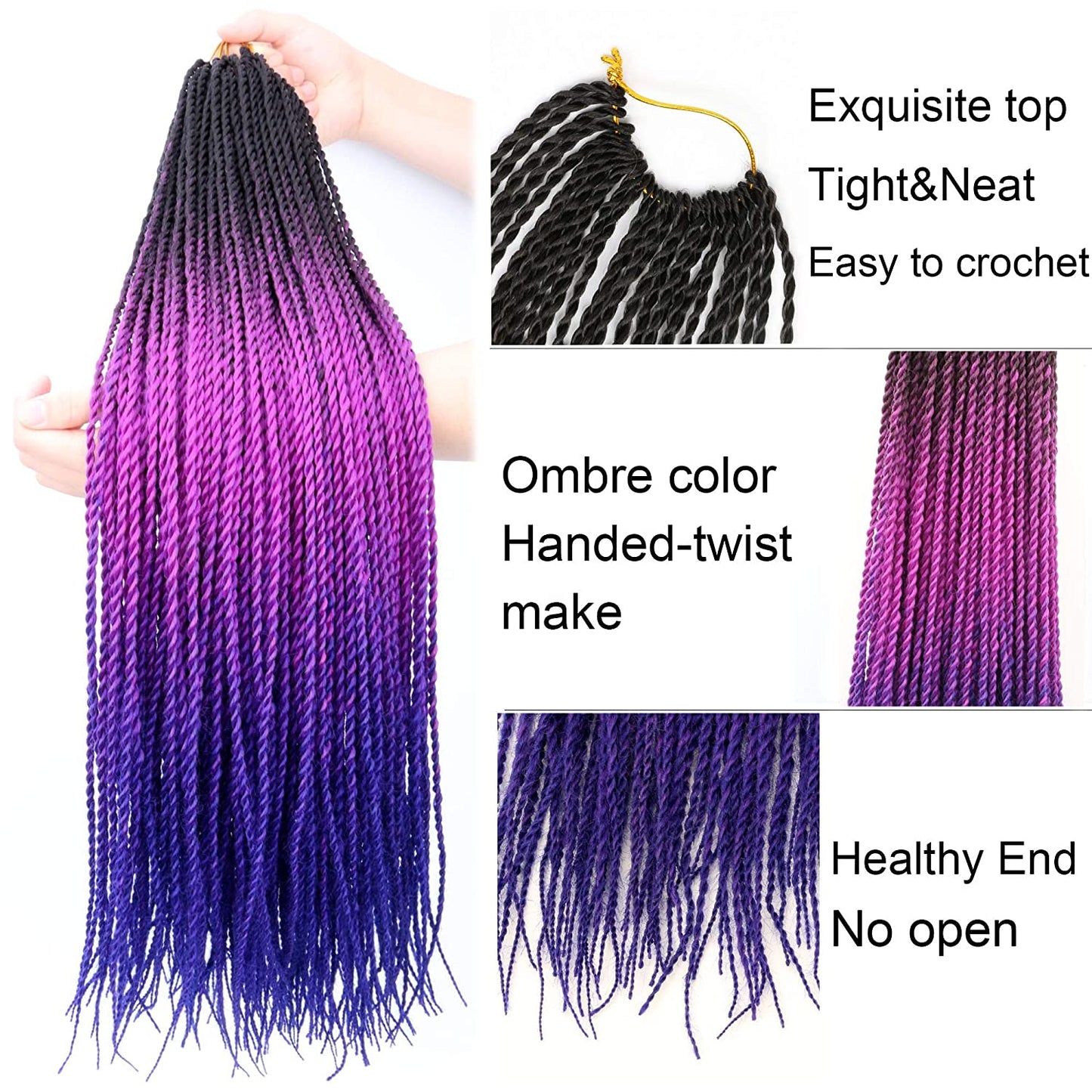 VCKOVCKO Ombre Synthetic Crochet Twist Braiding Hair,30 Roots/Bundles,6 Bundles/Lot,24"(Black-Purple-Blue)