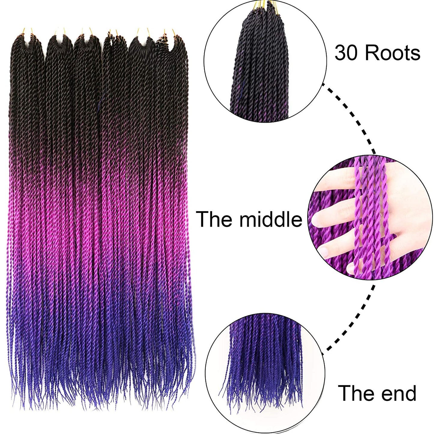 VCKOVCKO Ombre Synthetic Crochet Twist Braiding Hair,30 Roots/Bundles,6 Bundles/Lot,24"(Black-Purple-Blue)