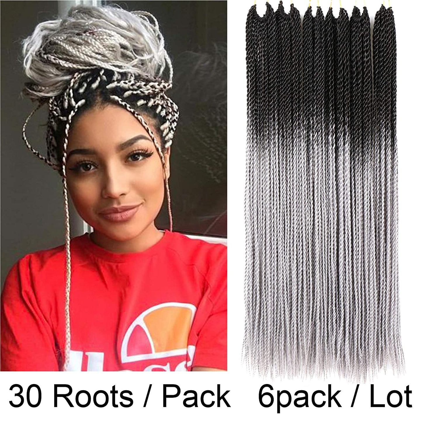 VCKOVCKO Ombre Synthetic Crochet Twist Braiding Hair,30 Roots/Bundles,6 Bundles/Lot,24"(Black-Gray)