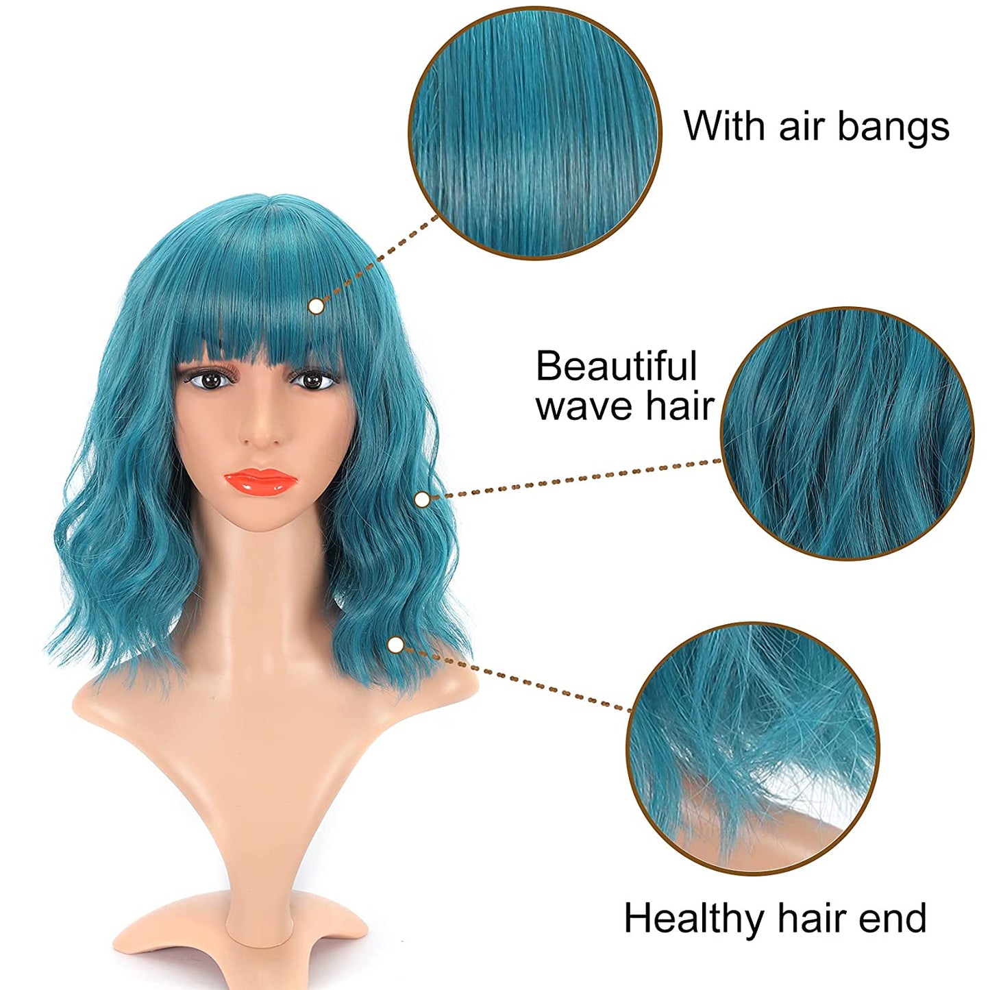 VCKOVCKO Natural Wavy Wig With Air Bangs 12"(Dark Blue)